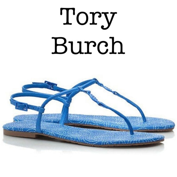 Tory Burch Emmy Blue Leather Stitched Logo Thong Sandals Size 5 1/2 - Picture 1 of 10
